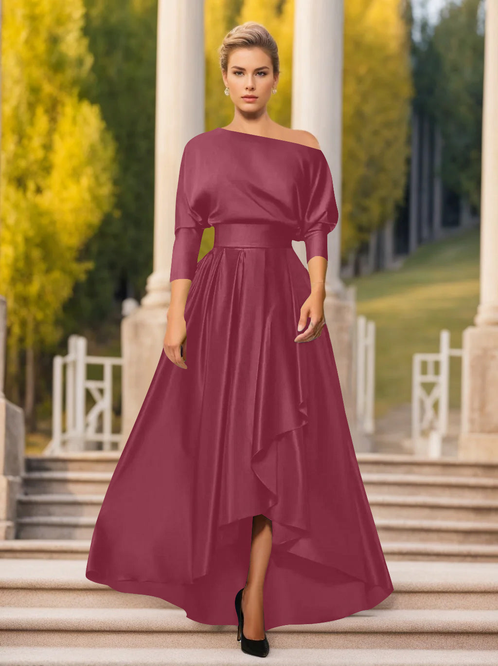 One Shoulder A Line Dress with 3/4 Sleeves for Mothers of the Bride & Groom