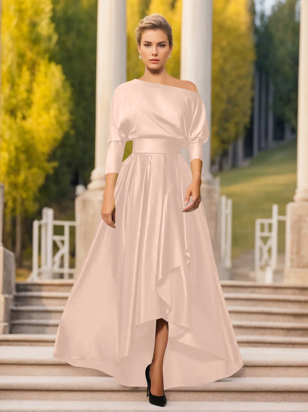 One Shoulder A Line Dress with 3/4 Sleeves for Mothers of the Bride & Groom