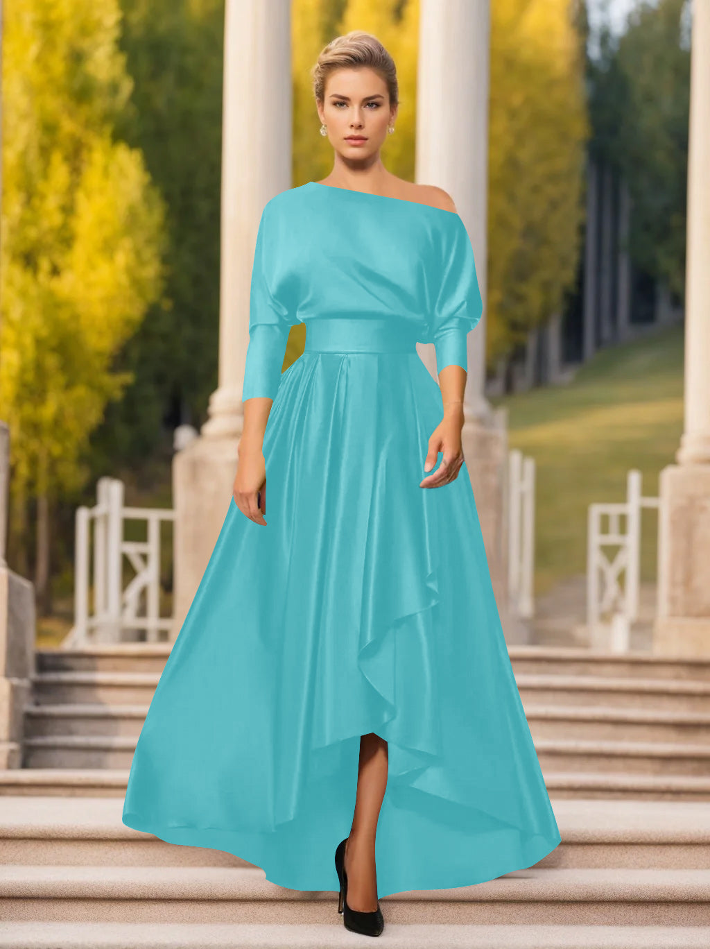 One Shoulder A Line Dress with 3/4 Sleeves for Mothers of the Bride & Groom