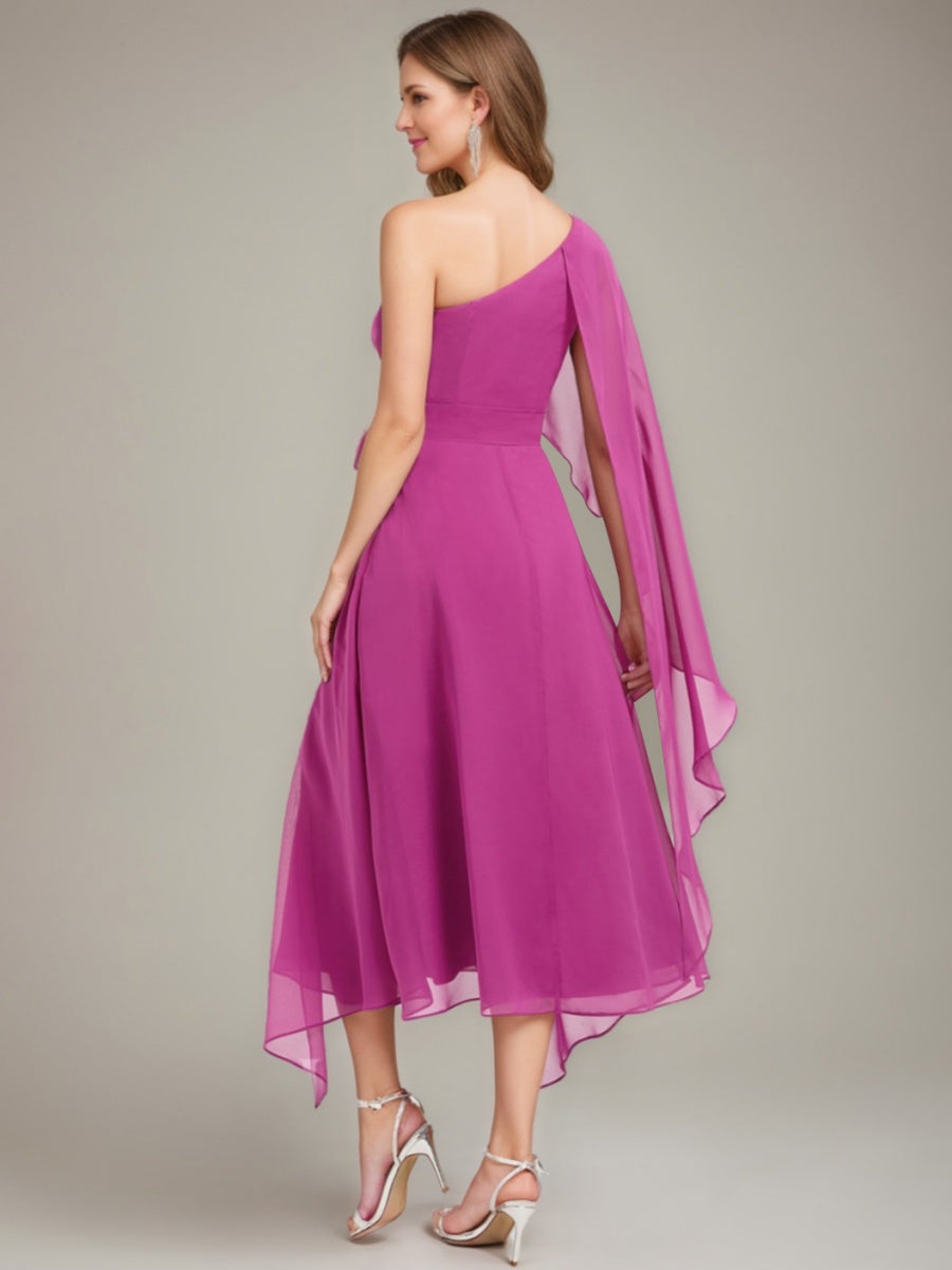 One Shoulder A Line Dress with Asymmetrical Ruched Detail and Bow Sash for the Mother of the Bride