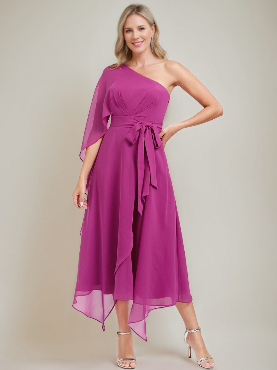 One Shoulder A Line Dress with Asymmetrical Ruched Detail and Bow Sash for the Mother of the Bride