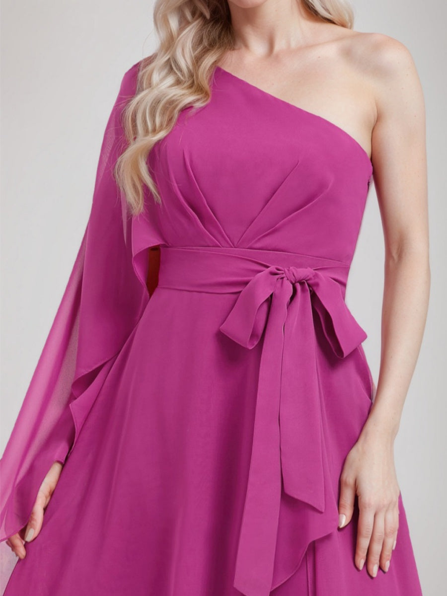 One Shoulder A Line Dress with Asymmetrical Ruched Detail and Bow Sash for the Mother of the Bride
