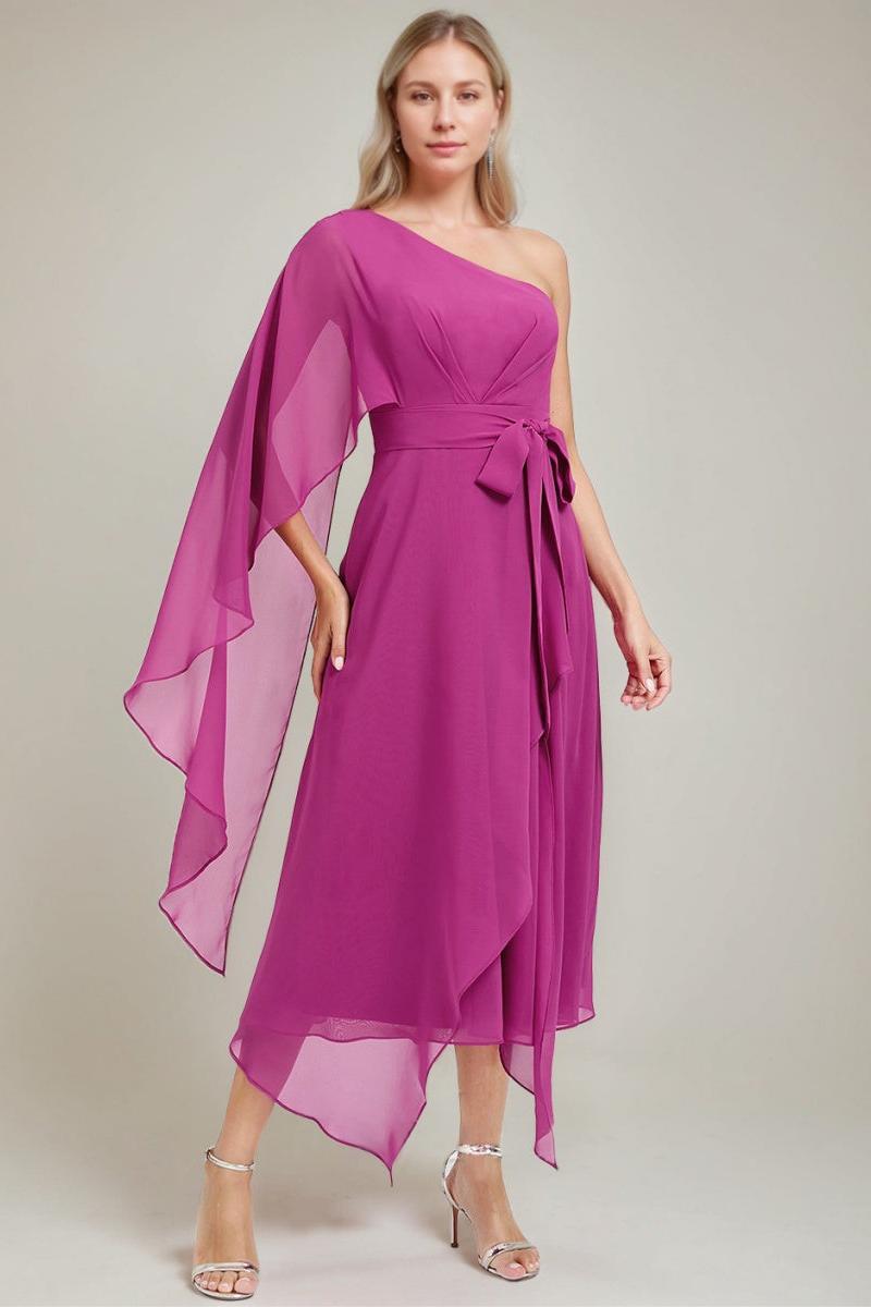One Shoulder A Line Dress with Asymmetrical Ruched Detail and Bow Sash for the Mother of the Bride