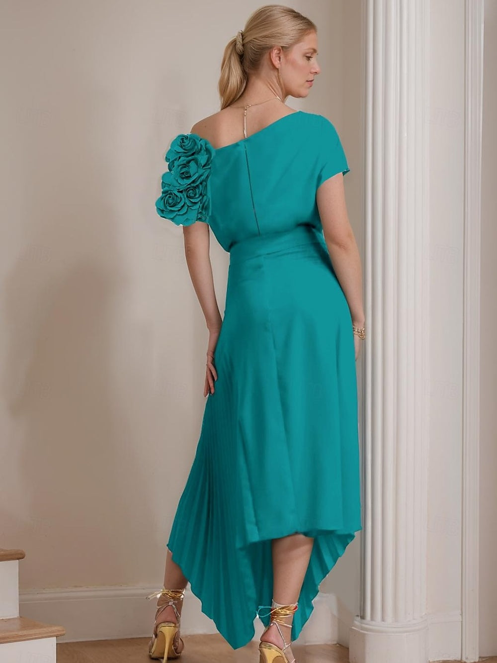 One Shoulder A Line Dress with Short Sleeves and Ruffles Ankle Length for the Mother of the Bride