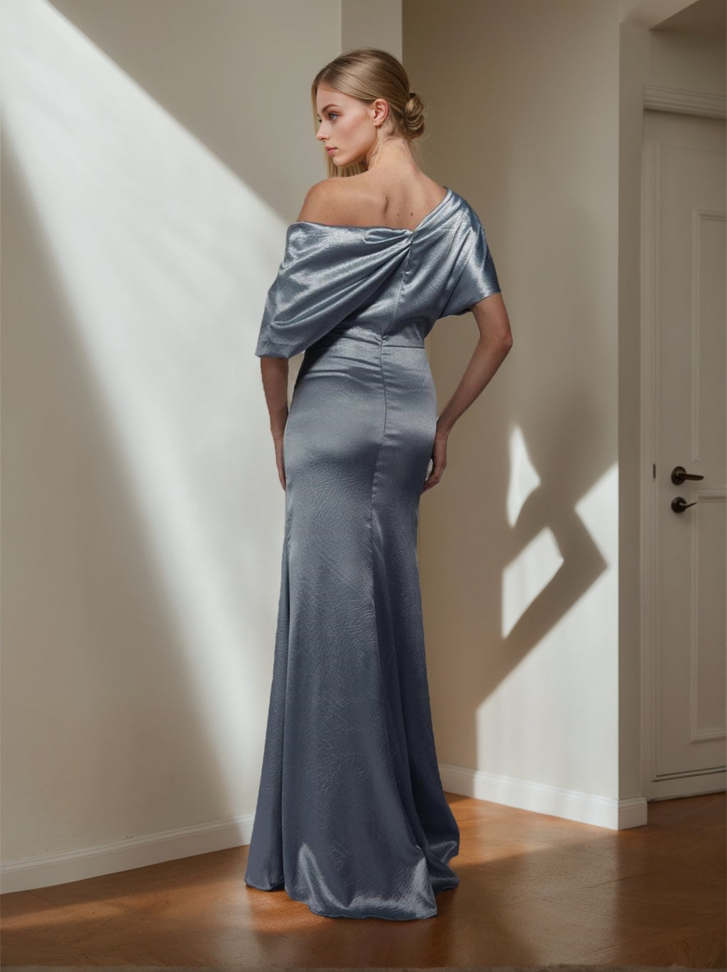 One Shoulder A Line Long Mother of the Bride Dress with Short Sleeves and Side Split