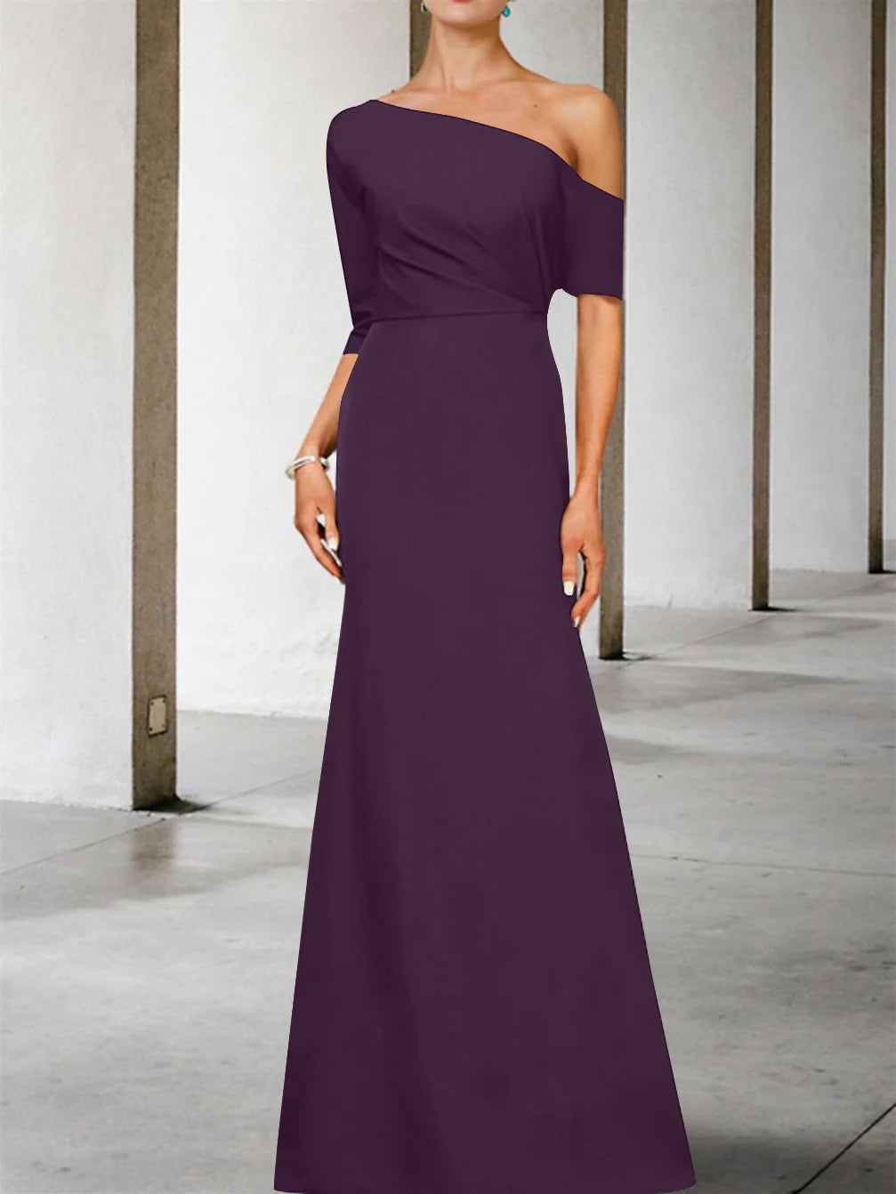 One Shoulder A Line Gown with 3/4 Sleeves for the Mother of the Bride