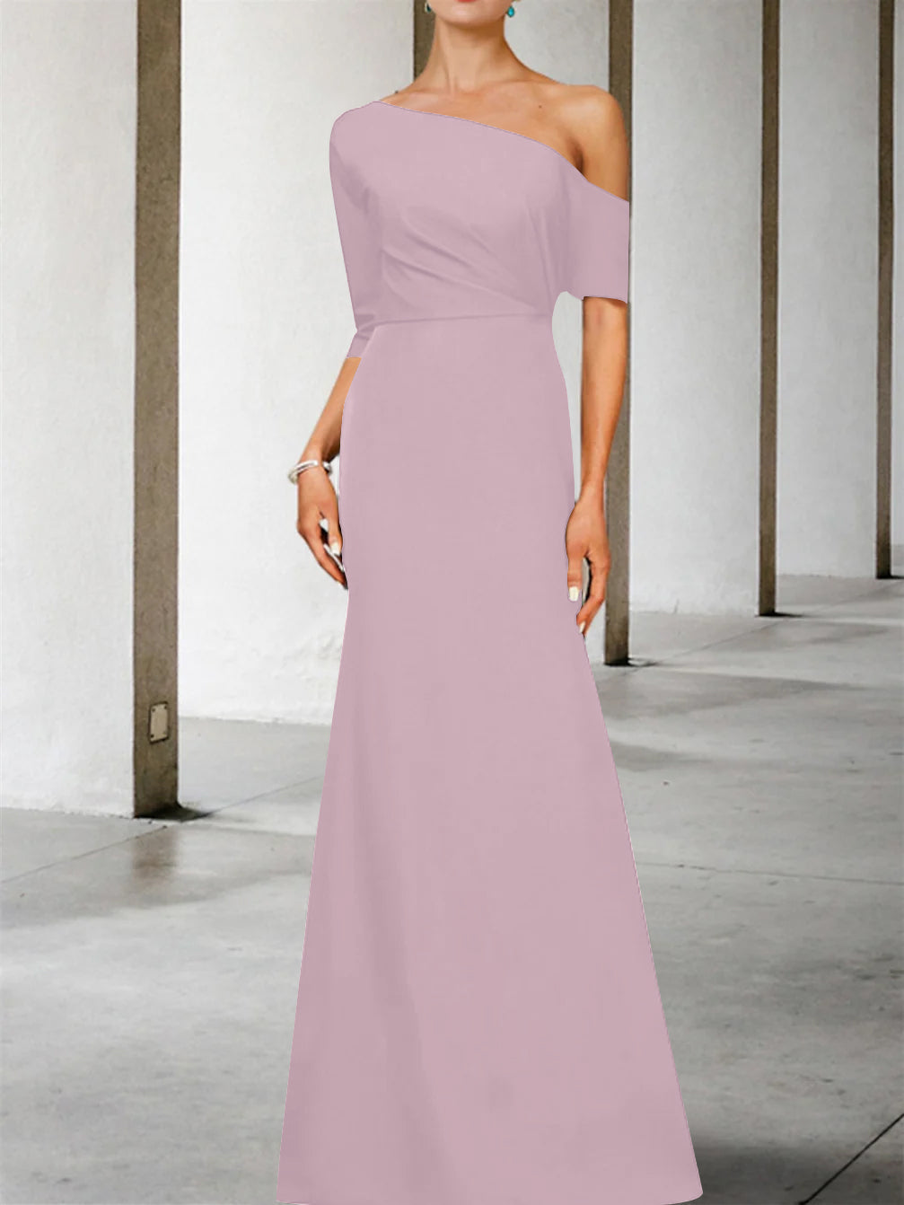 One Shoulder A Line Gown with 3/4 Sleeves for the Mother of the Bride