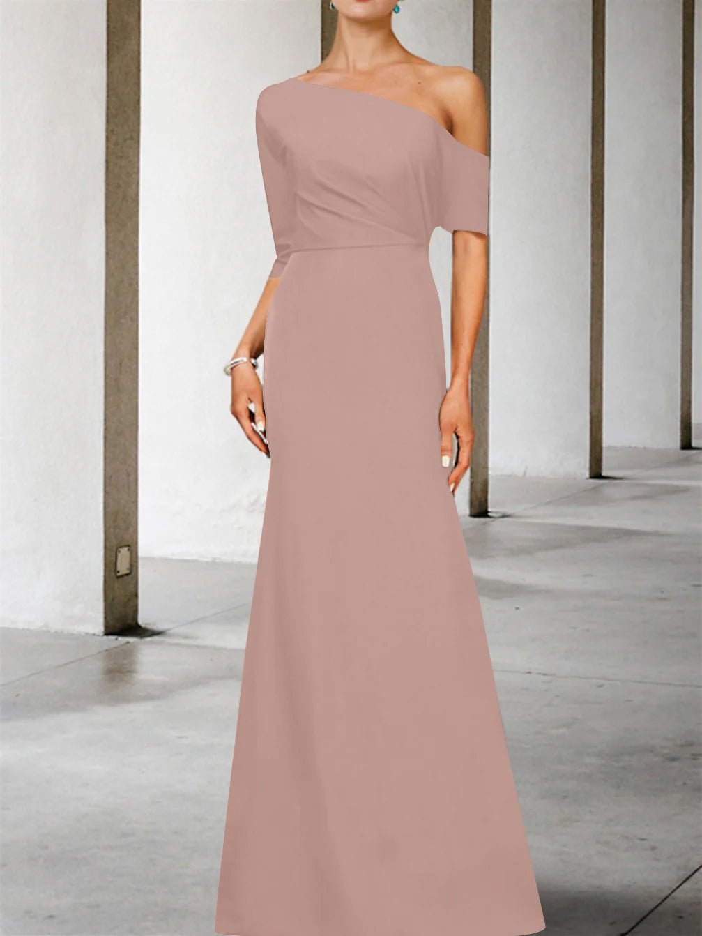 One Shoulder A Line Gown with 3/4 Sleeves for the Mother of the Bride