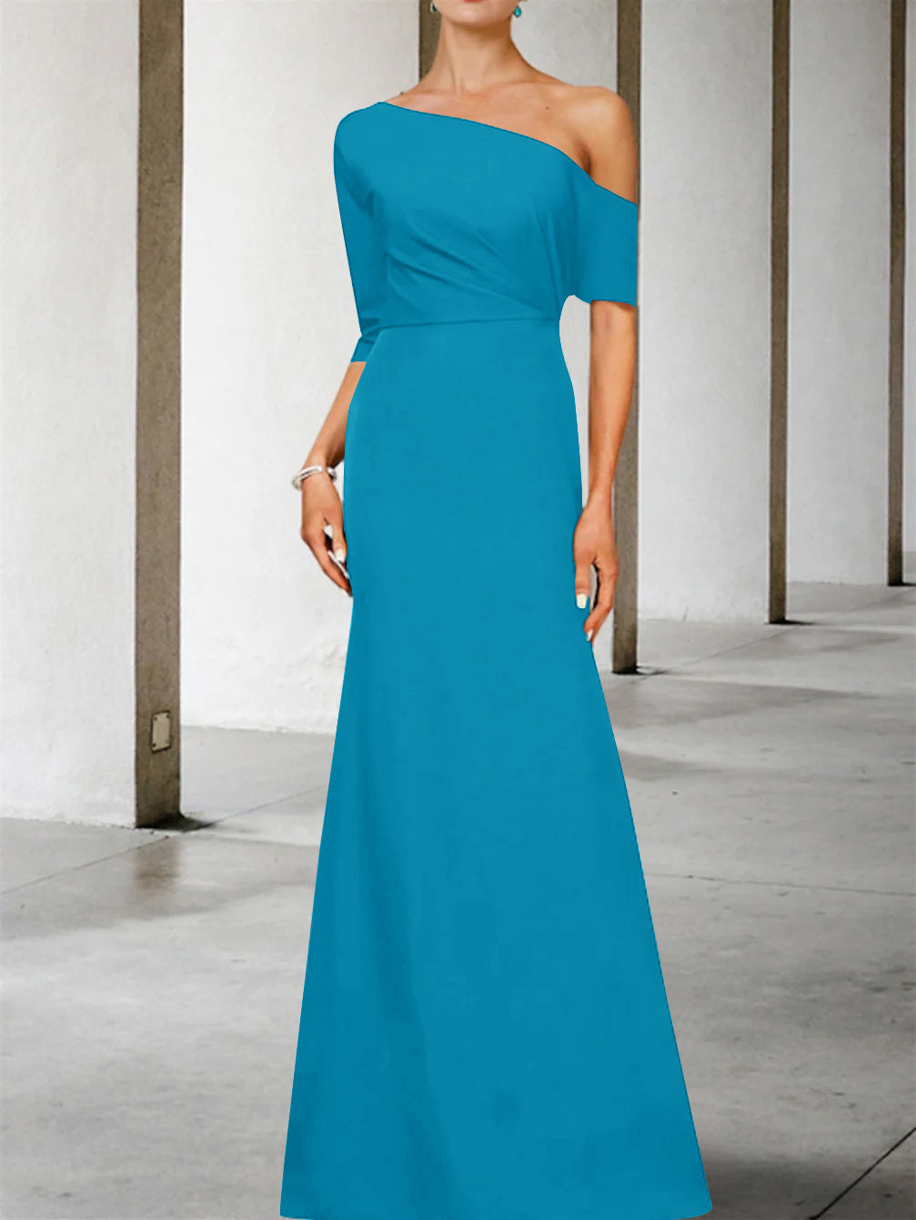 One Shoulder A Line Gown with 3/4 Sleeves for the Mother of the Bride
