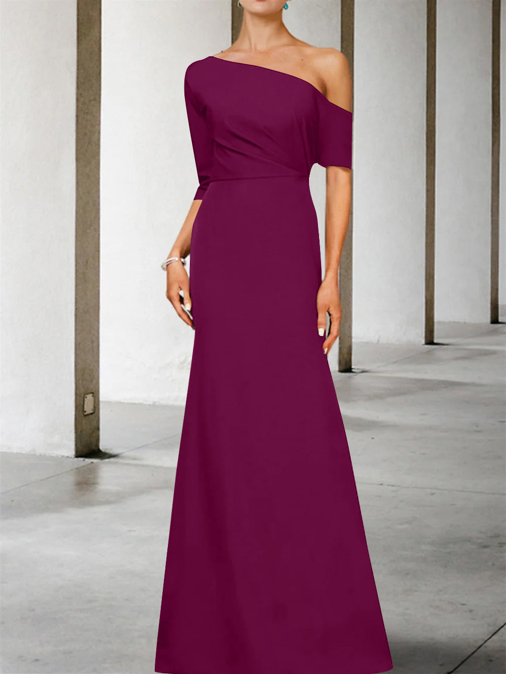 One Shoulder A Line Gown with 3/4 Sleeves for the Mother of the Bride