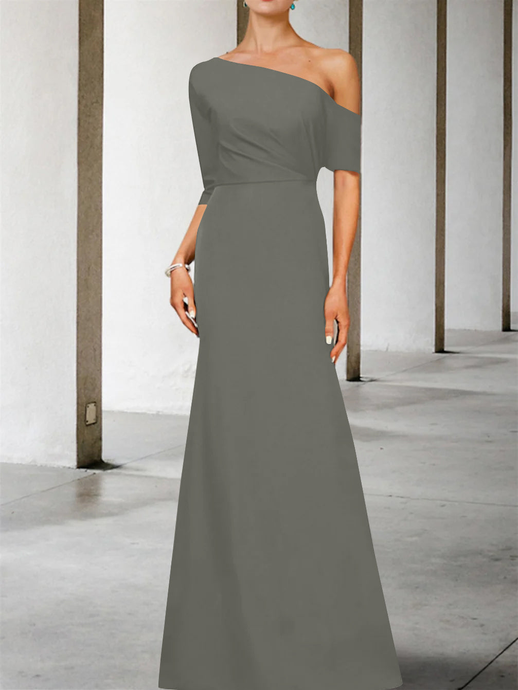 One Shoulder A Line Gown with 3/4 Sleeves for the Mother of the Bride
