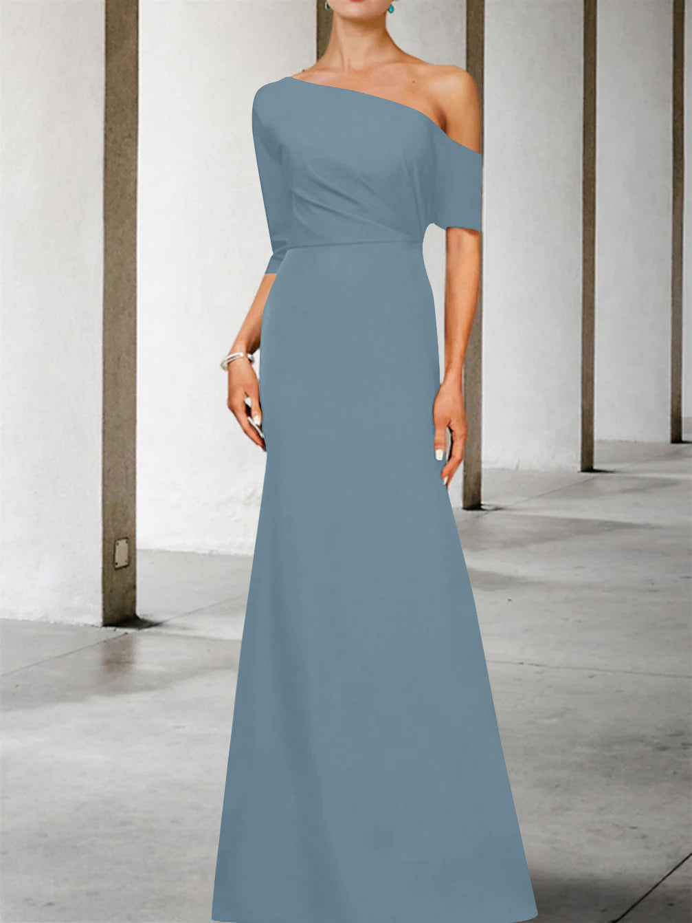 One Shoulder A Line Gown with 3/4 Sleeves for the Mother of the Bride