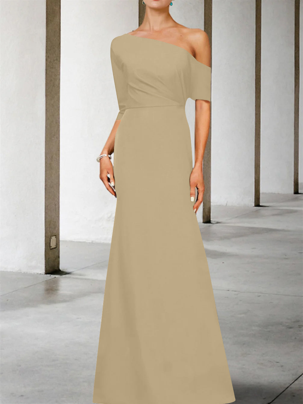 One Shoulder A Line Gown with 3/4 Sleeves for the Mother of the Bride