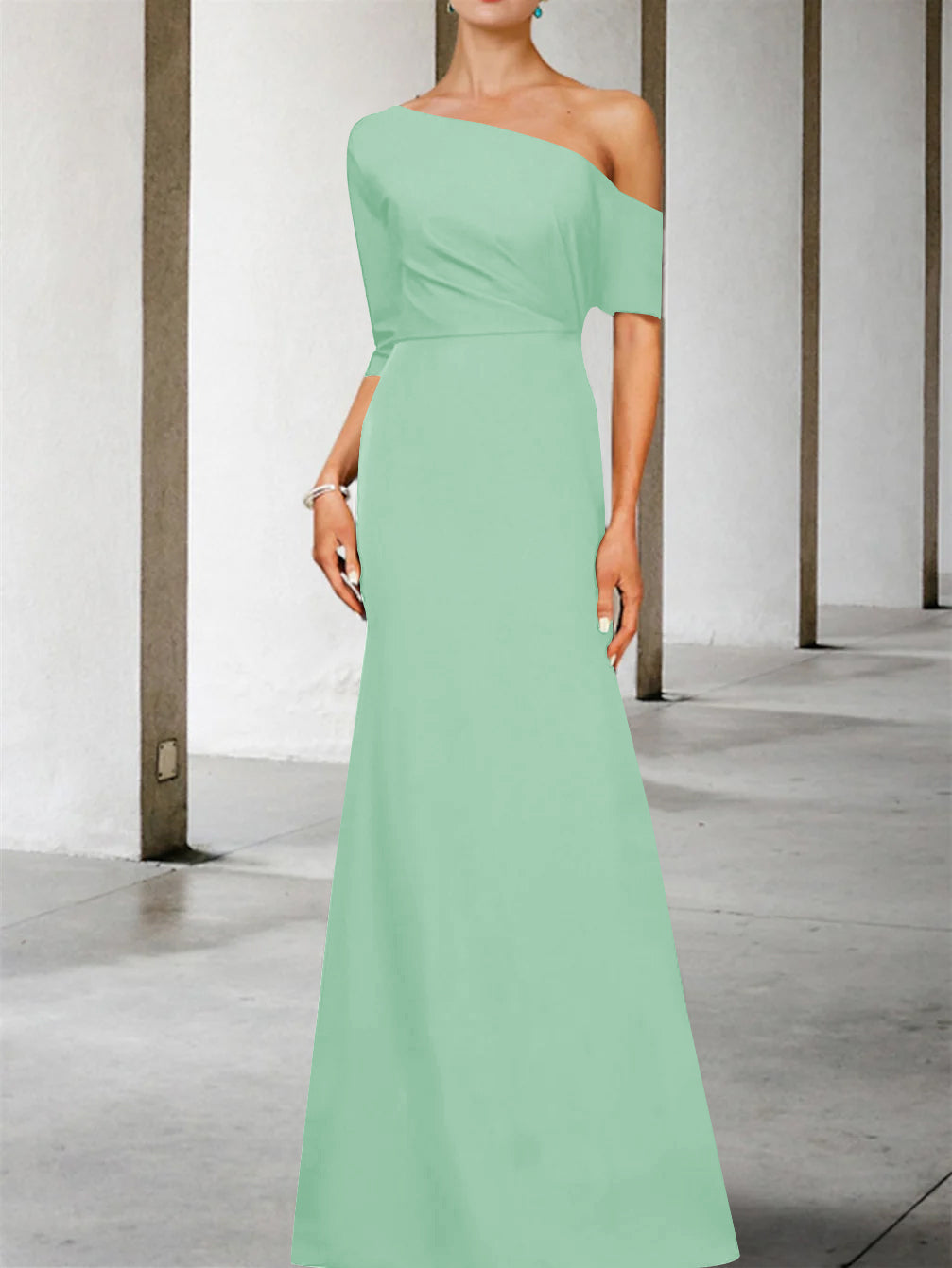 One Shoulder A Line Gown with 3/4 Sleeves for the Mother of the Bride