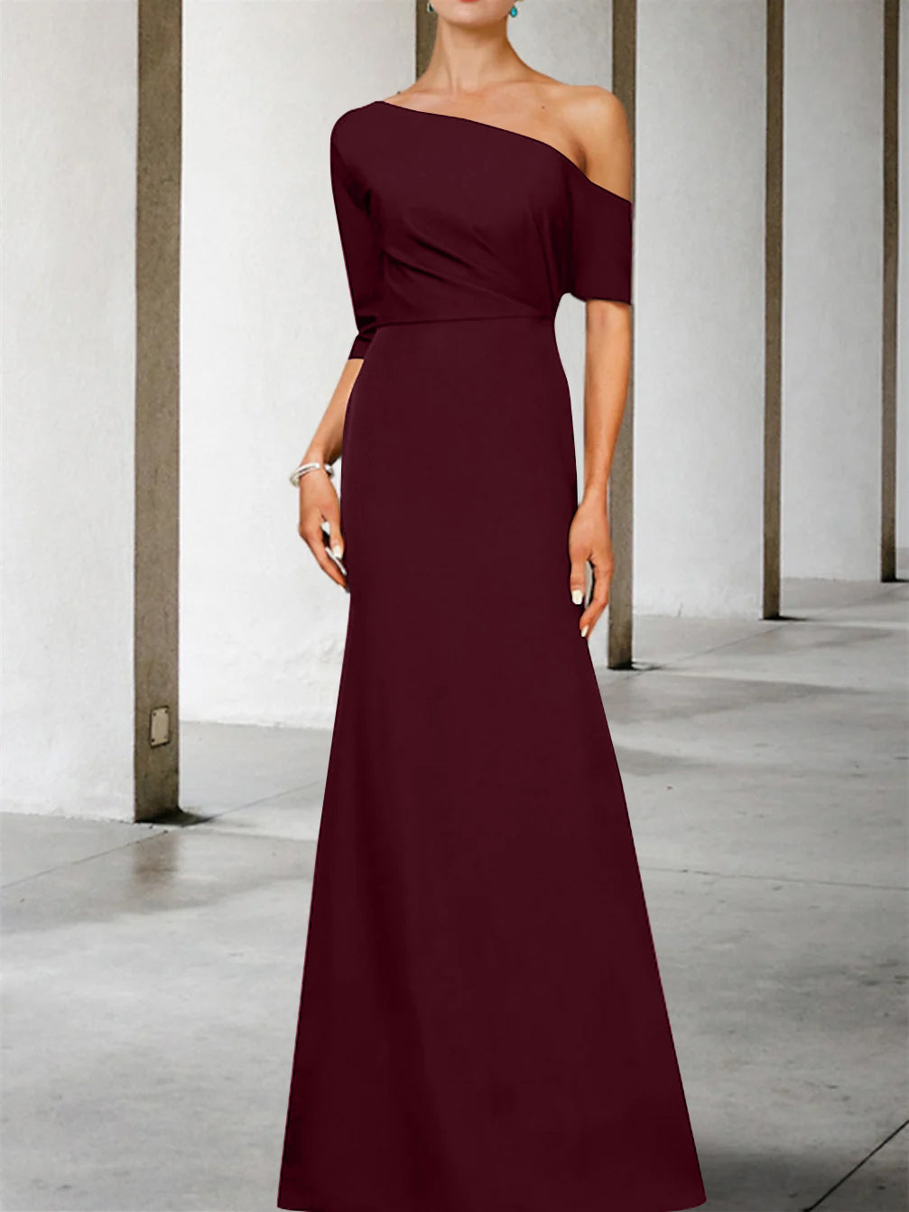 One Shoulder A Line Gown with 3/4 Sleeves for the Mother of the Bride
