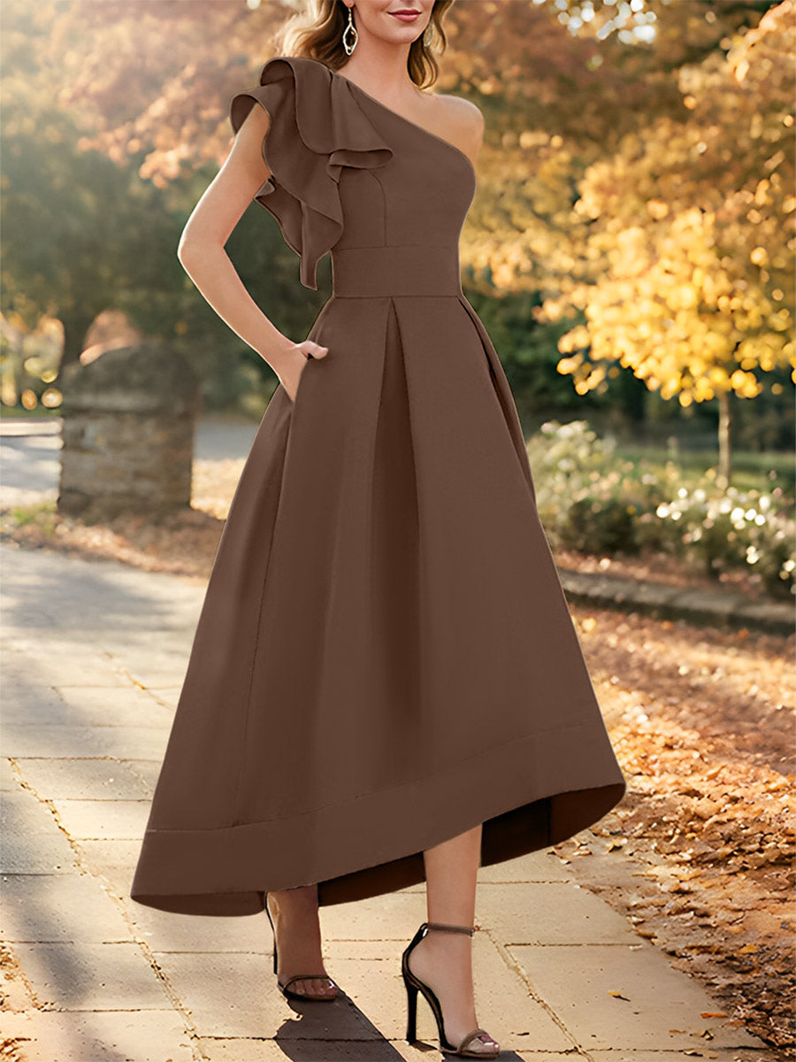 One Shoulder Asymmetrical A Line Dress for the Mother of the Bride Sleeveless with Ruffles