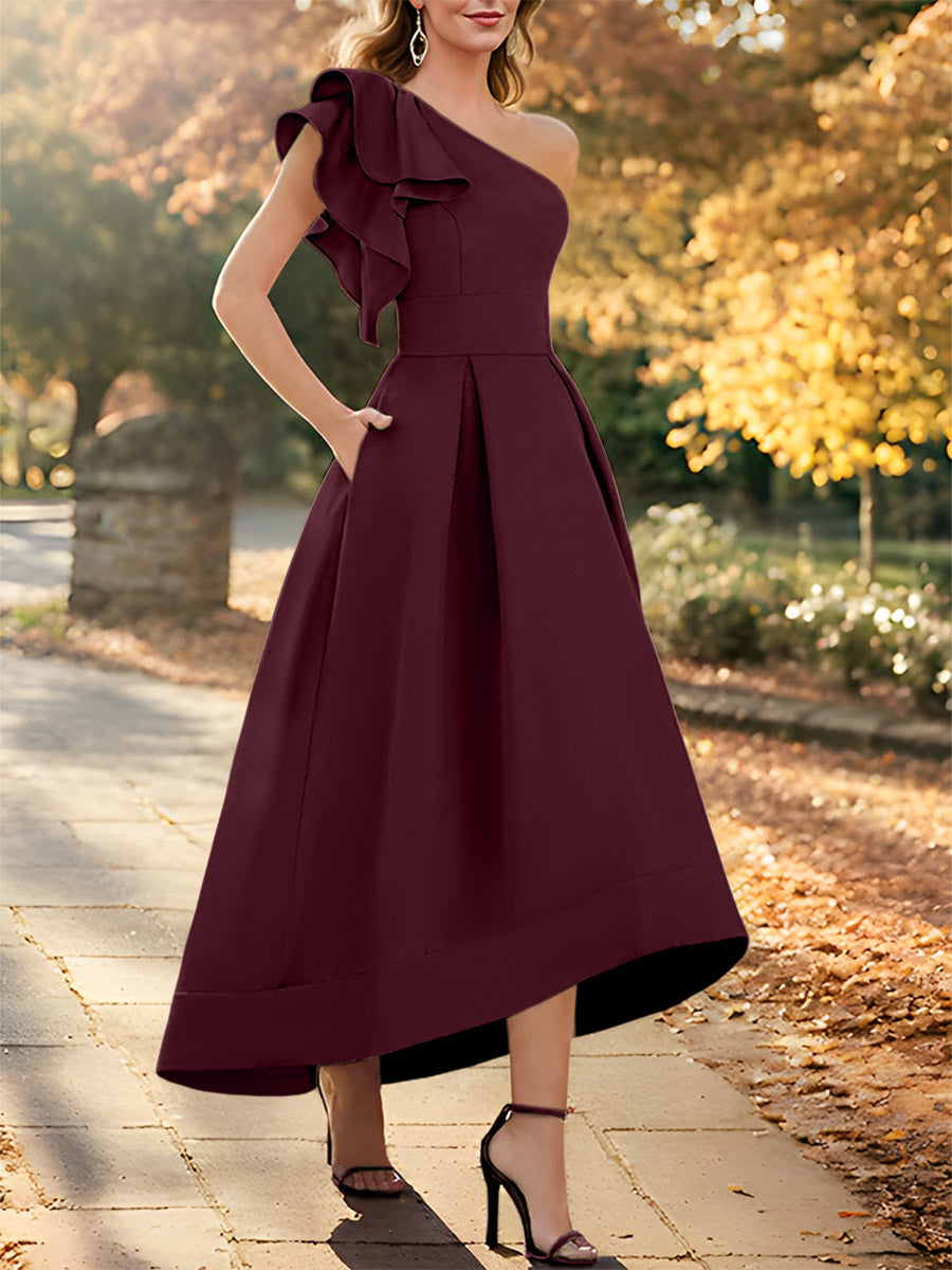 One Shoulder Asymmetrical A Line Dress for the Mother of the Bride Sleeveless with Ruffles