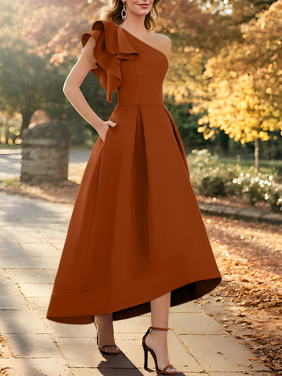One Shoulder Asymmetrical A Line Dress for the Mother of the Bride Sleeveless with Ruffles