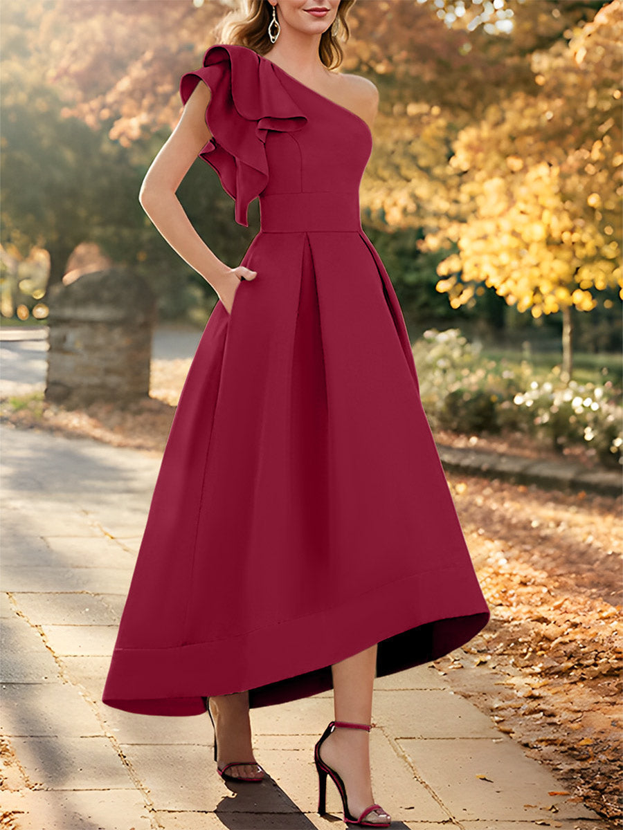 One Shoulder Asymmetrical A Line Dress for the Mother of the Bride Sleeveless with Ruffles