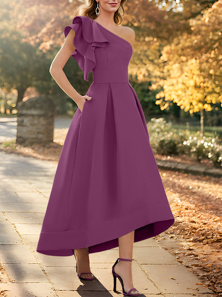One Shoulder Asymmetrical A Line Dress for the Mother of the Bride Sleeveless with Ruffles