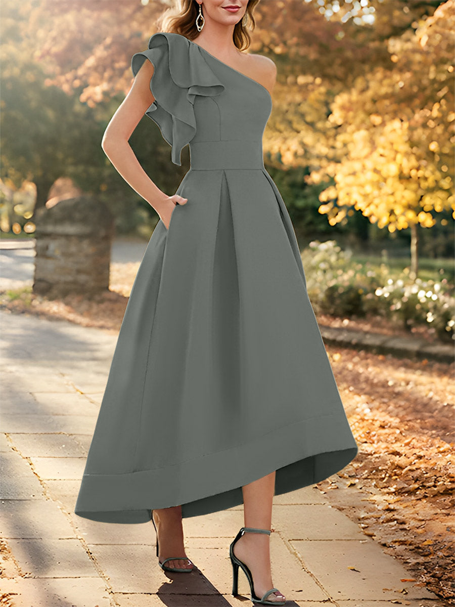 One Shoulder Asymmetrical A Line Dress for the Mother of the Bride Sleeveless with Ruffles