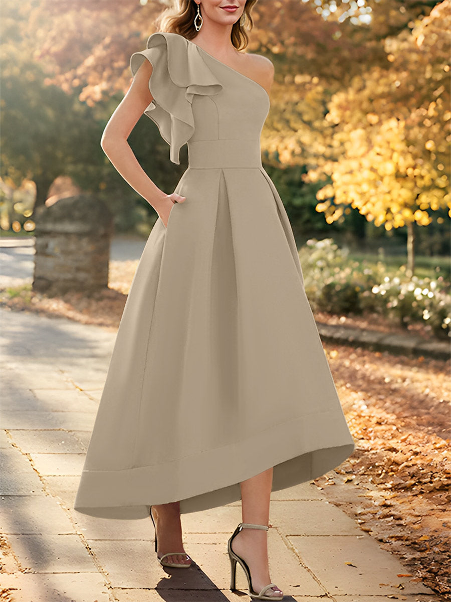 One Shoulder Asymmetrical A Line Dress for the Mother of the Bride Sleeveless with Ruffles