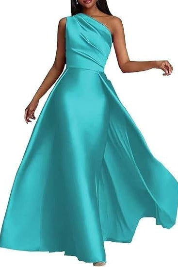 One Shoulder Bridesmaid Dress Fuchsia Wedding Guest Dress with Panel Train