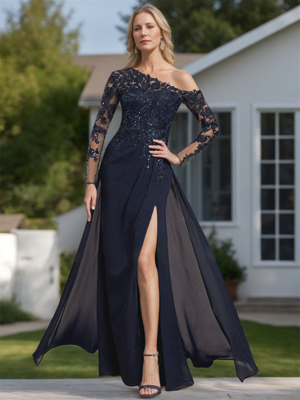 One Shoulder Long A Line Mother of the Bride Dress with Long Sleeves and High Slit