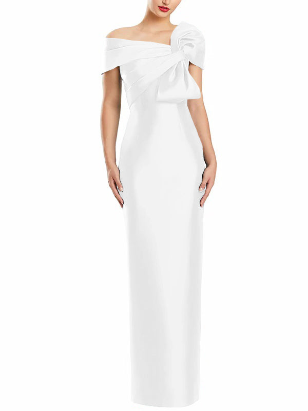 One Shoulder Long Mother of the Bride Gown with Bow in Sheath Column Style