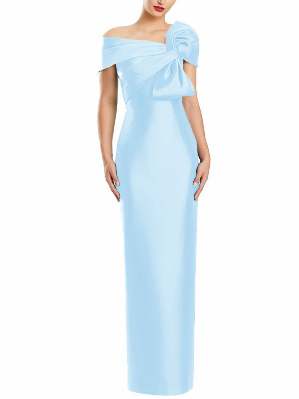 One Shoulder Long Mother of the Bride Gown with Bow in Sheath Column Style