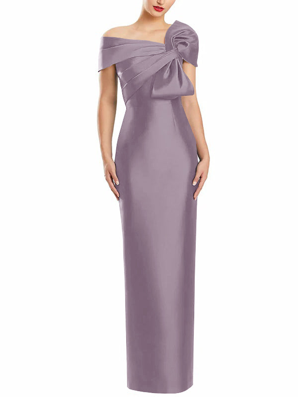 One Shoulder Long Mother of the Bride Gown with Bow in Sheath Column Style