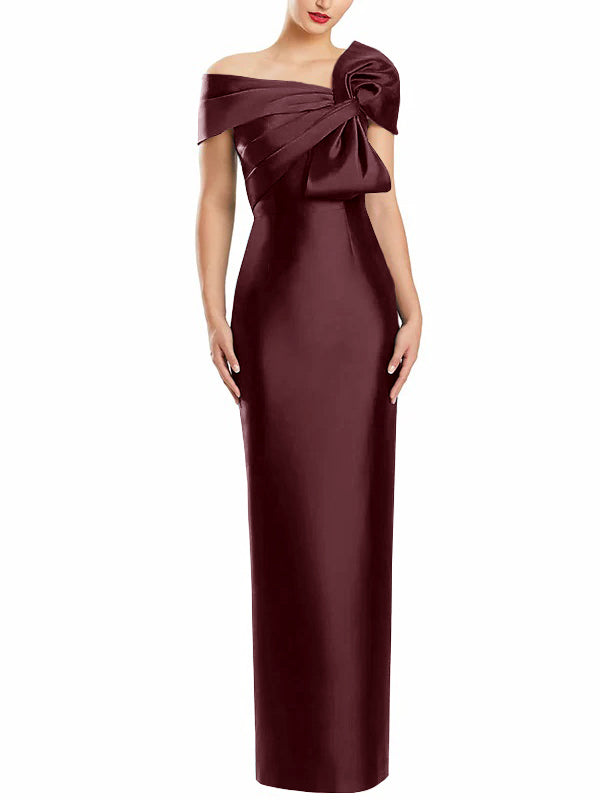 One Shoulder Long Mother of the Bride Gown with Bow in Sheath Column Style