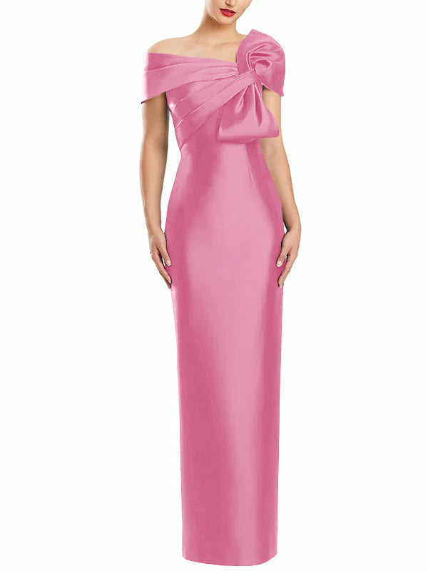 One Shoulder Long Mother of the Bride Gown with Bow in Sheath Column Style