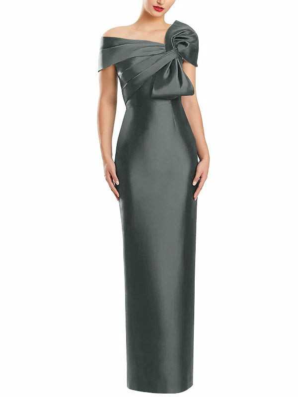 One Shoulder Long Mother of the Bride Gown with Bow in Sheath Column Style