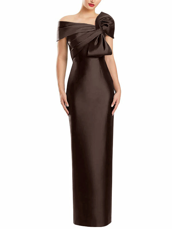One Shoulder Long Mother of the Bride Gown with Bow in Sheath Column Style
