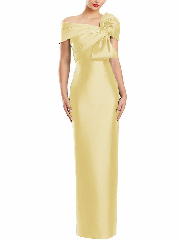 One Shoulder Long Mother of the Bride Gown with Bow in Sheath Column Style