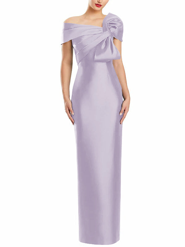 One Shoulder Long Mother of the Bride Gown with Bow in Sheath Column Style