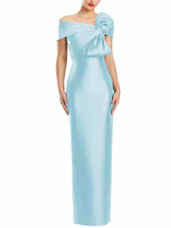 One Shoulder Long Mother of the Bride Gown with Bow in Sheath Column Style