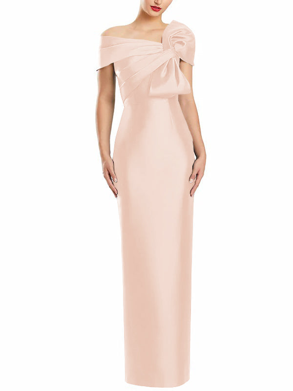 One Shoulder Long Mother of the Bride Gown with Bow in Sheath Column Style