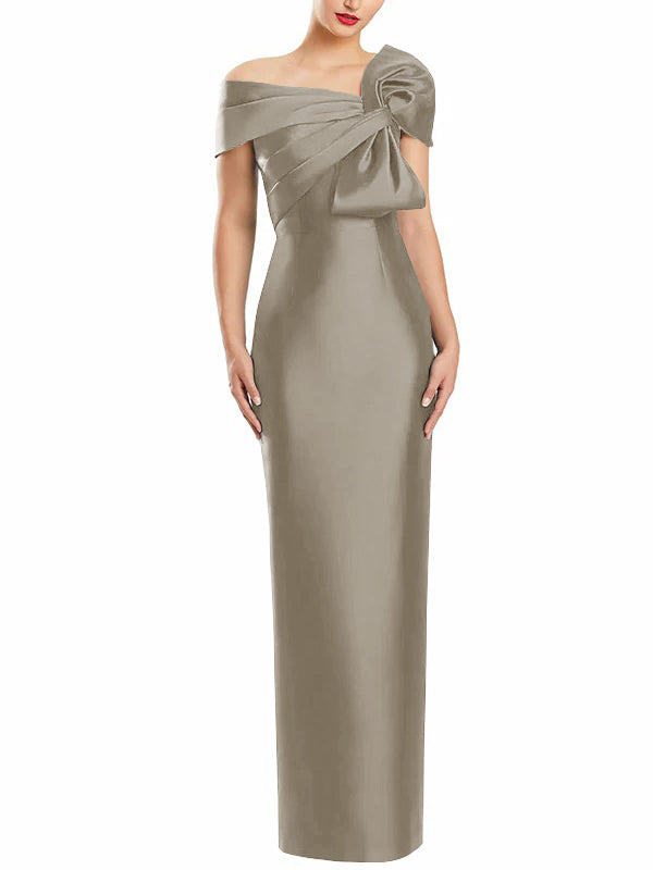 One Shoulder Long Mother of the Bride Gown with Bow in Sheath Column Style
