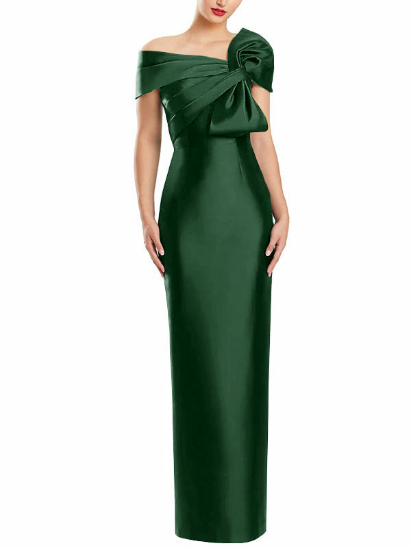One Shoulder Long Mother of the Bride Gown with Bow in Sheath Column Style