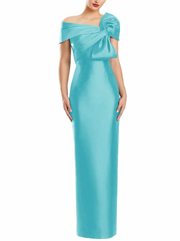 One Shoulder Long Mother of the Bride Gown with Bow in Sheath Column Style