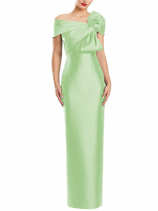 One Shoulder Long Mother of the Bride Gown with Bow in Sheath Column Style