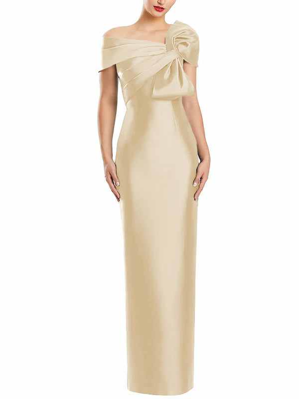 One Shoulder Long Mother of the Bride Gown with Bow in Sheath Column Style