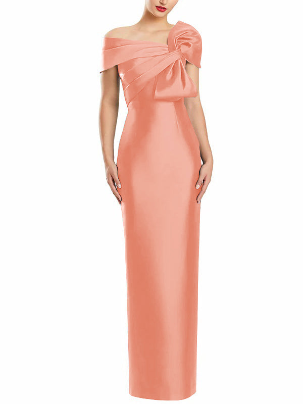 One Shoulder Long Mother of the Bride Gown with Bow in Sheath Column Style