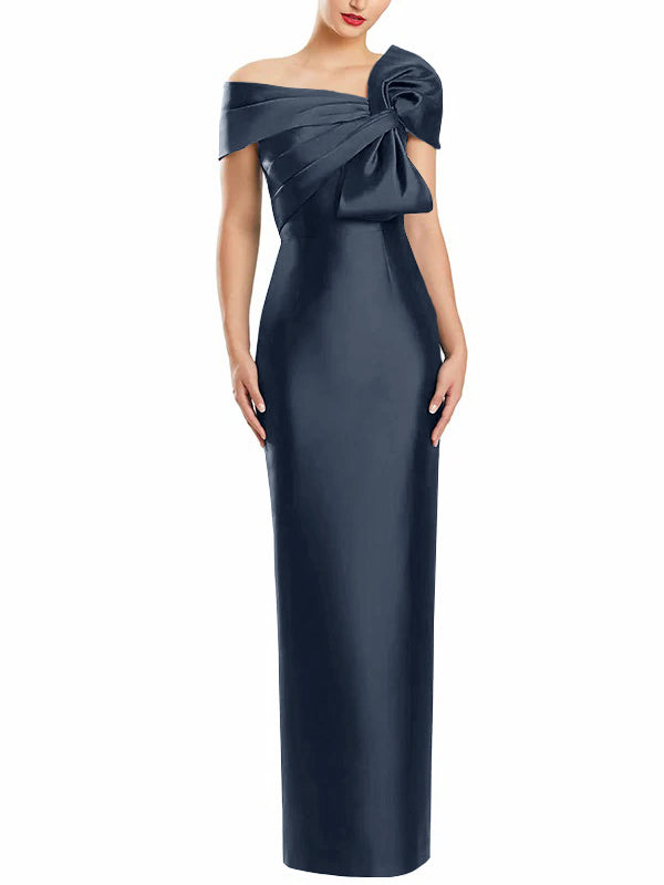 One Shoulder Long Mother of the Bride Gown with Bow in Sheath Column Style