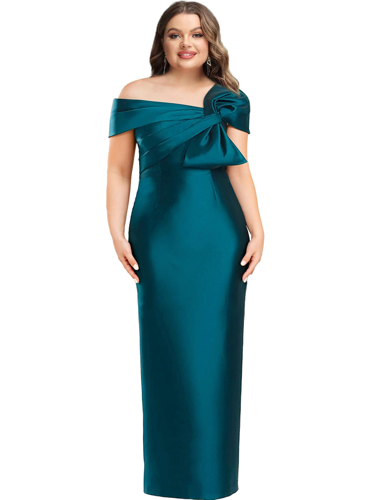 One Shoulder Long Mother of the Bride Gown with Bow in Sheath Column Style