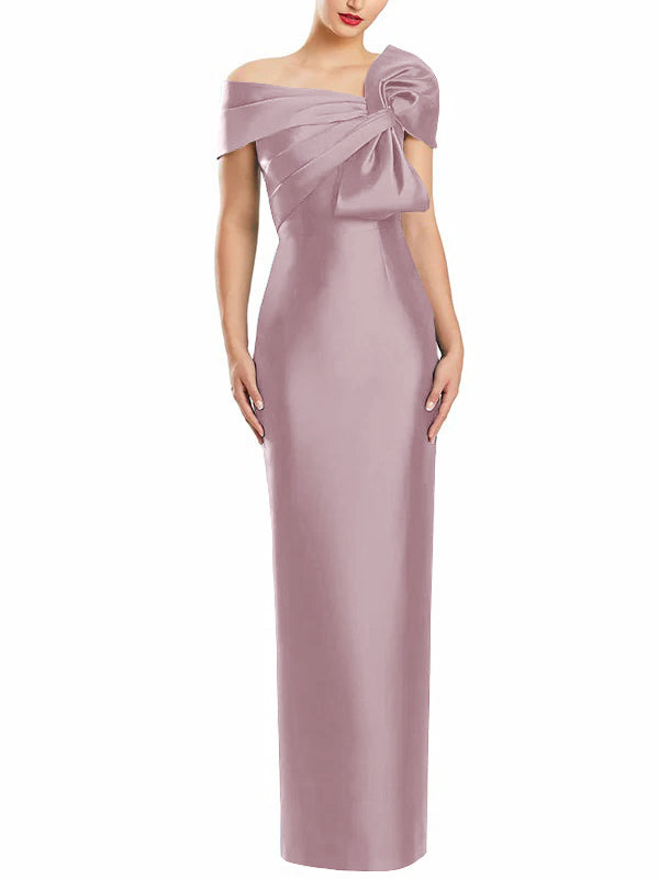 One Shoulder Long Mother of the Bride Gown with Bow in Sheath Column Style