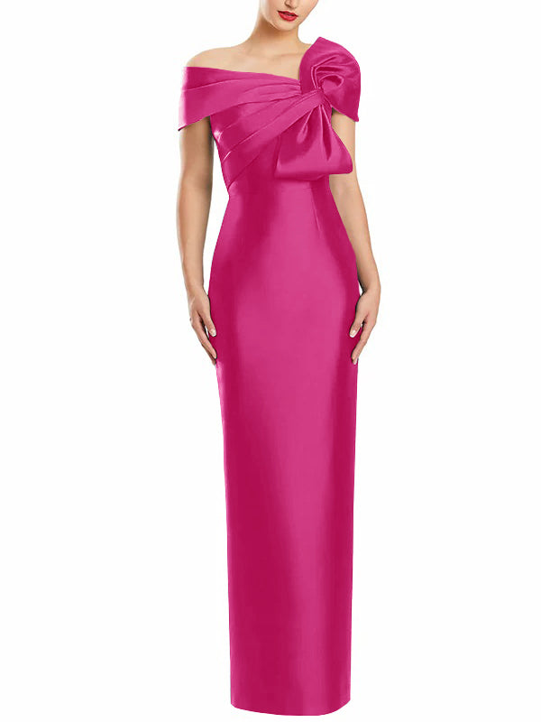 One Shoulder Long Mother of the Bride Gown with Bow in Sheath Column Style