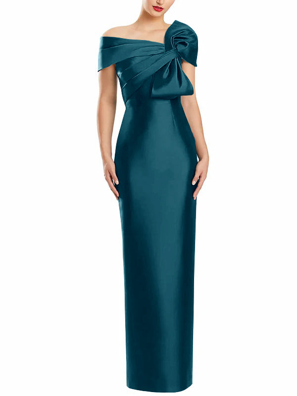One Shoulder Long Mother of the Bride Gown with Bow in Sheath Column Style